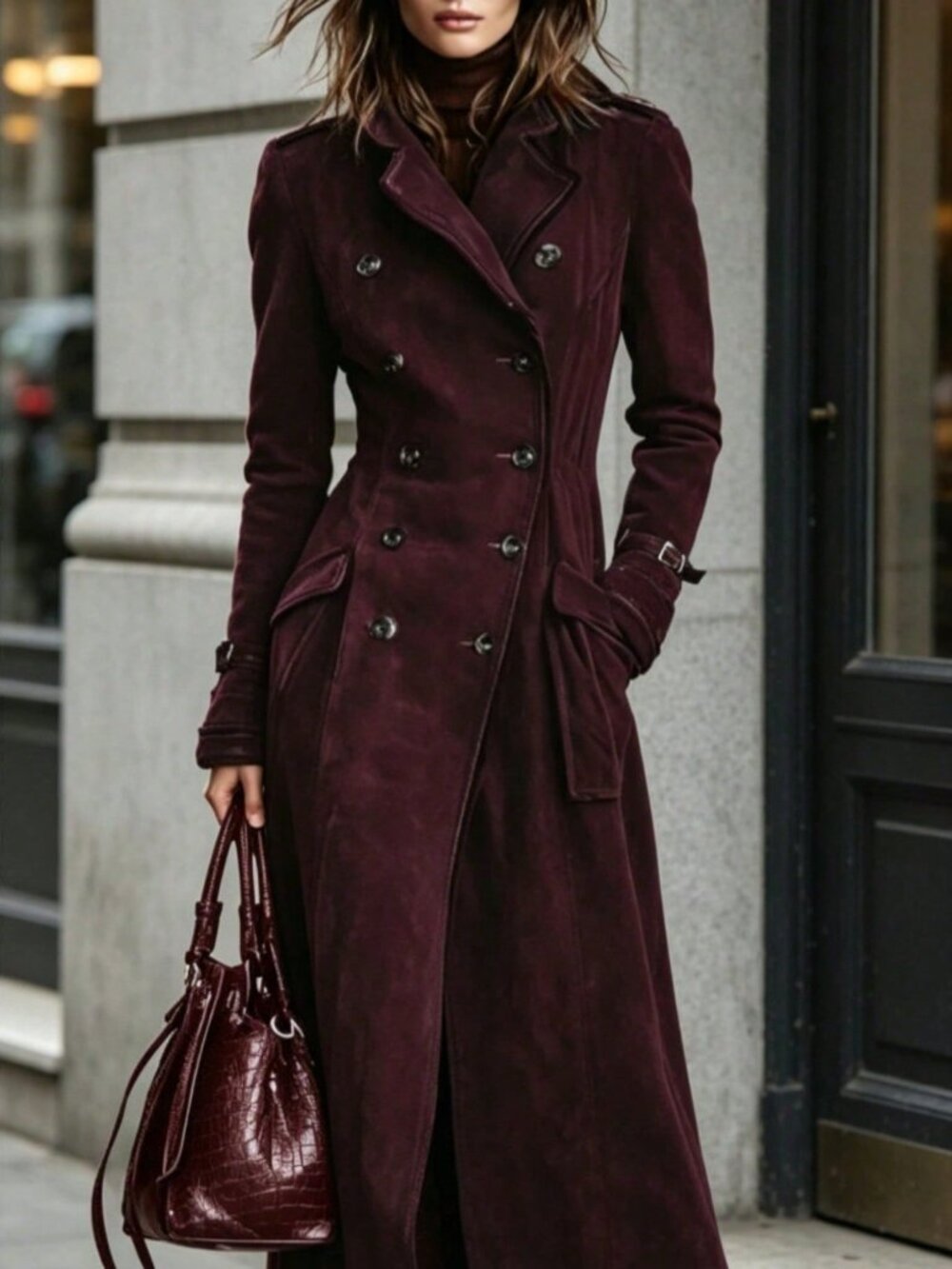 Maroon Elegant Women's Double-Breasted Hooded Long Coat